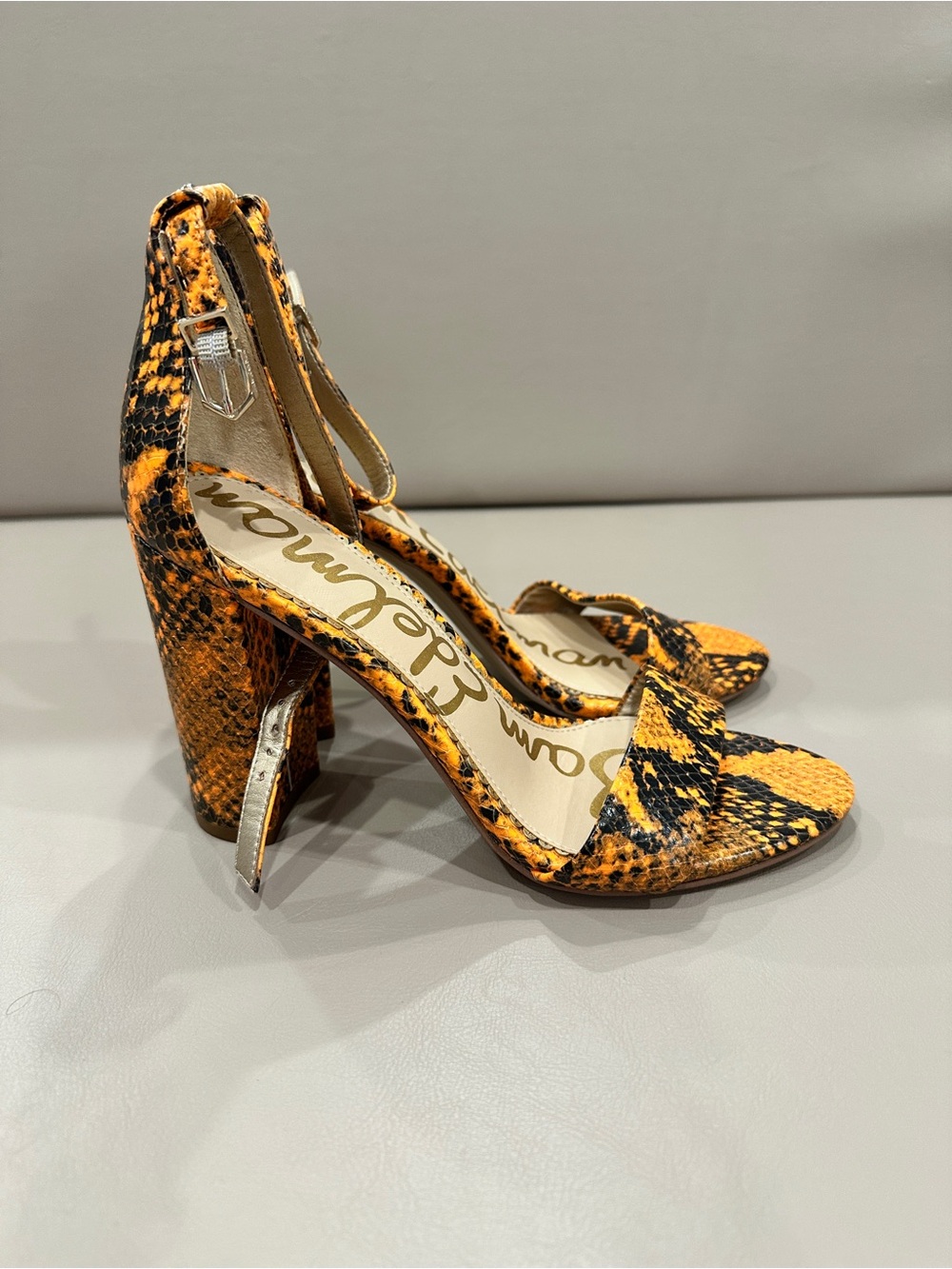 Sam Edelman Yellow-Black Snake Print Ankle-Strap Heels - Picture 10 of 10
